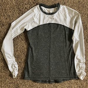 Gray and black/white striped workout shirt